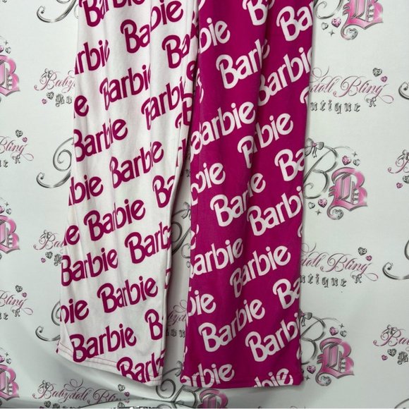 Barbie pants soft velour feel fabric cozy pink white half half one leg different - Picture 7 of 10